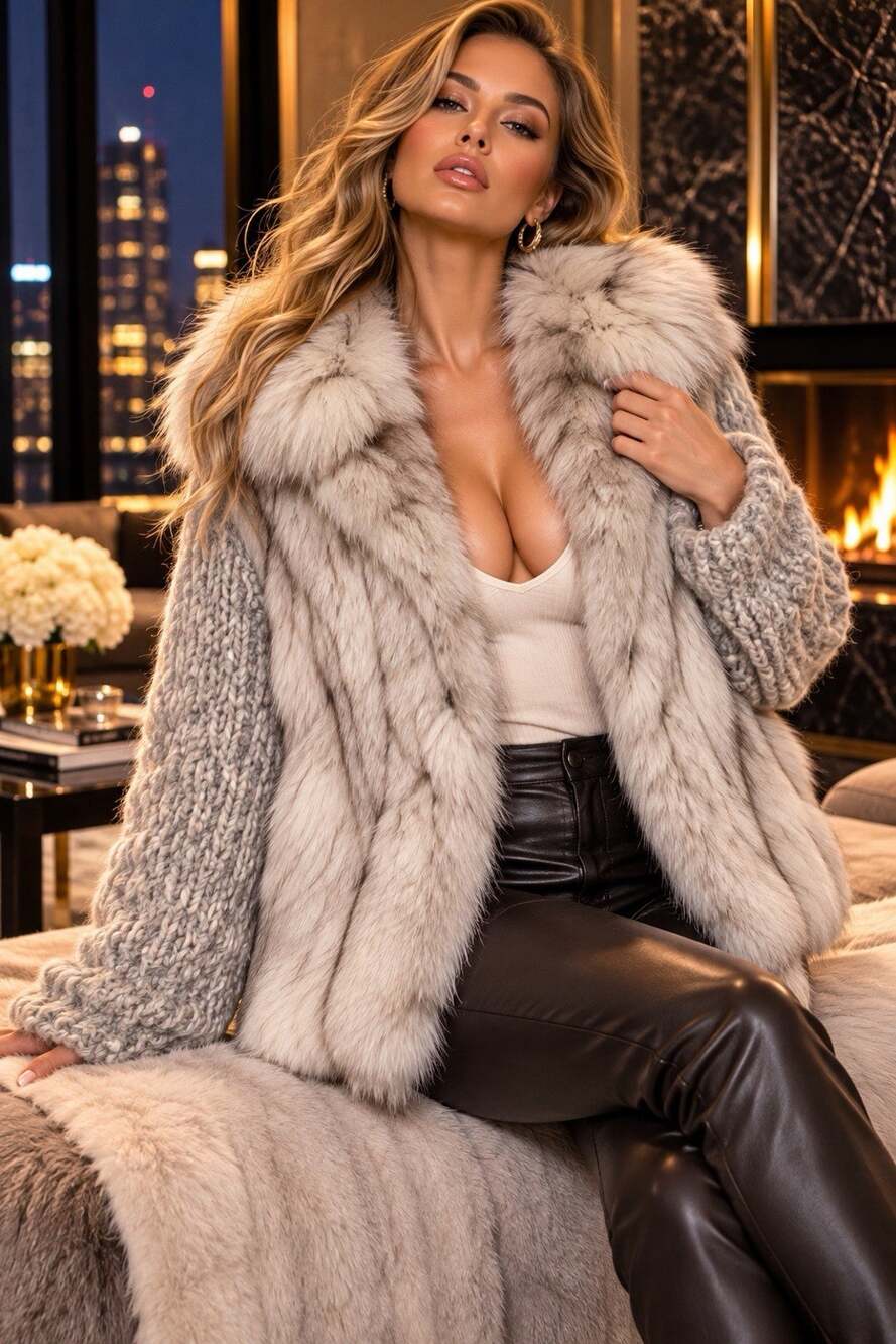 Vintage Blue Fox Fur Coat Women Convertible Knit Sleeve Vest